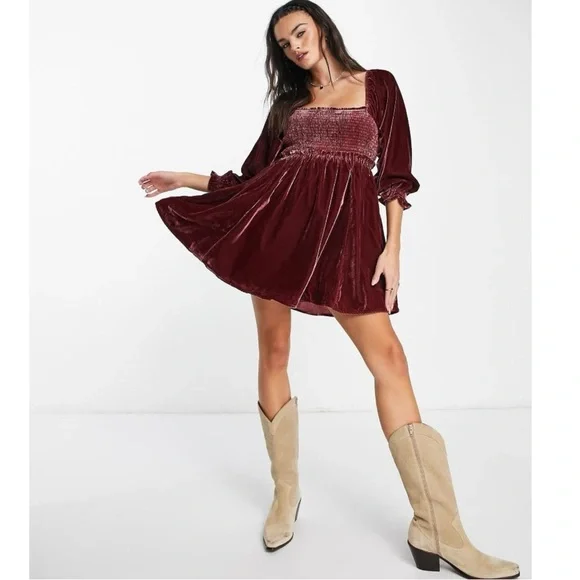 Free People Dainty Renaissance Daphne Velvet Mini Dress Burgundy Brown Medium - Picture 1 of 17